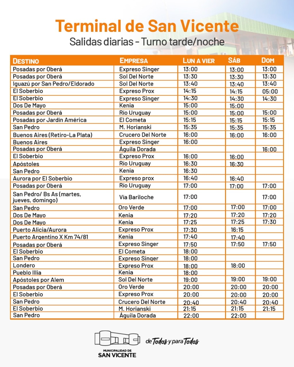 Horarios terminal san vicente Tarde/Noche